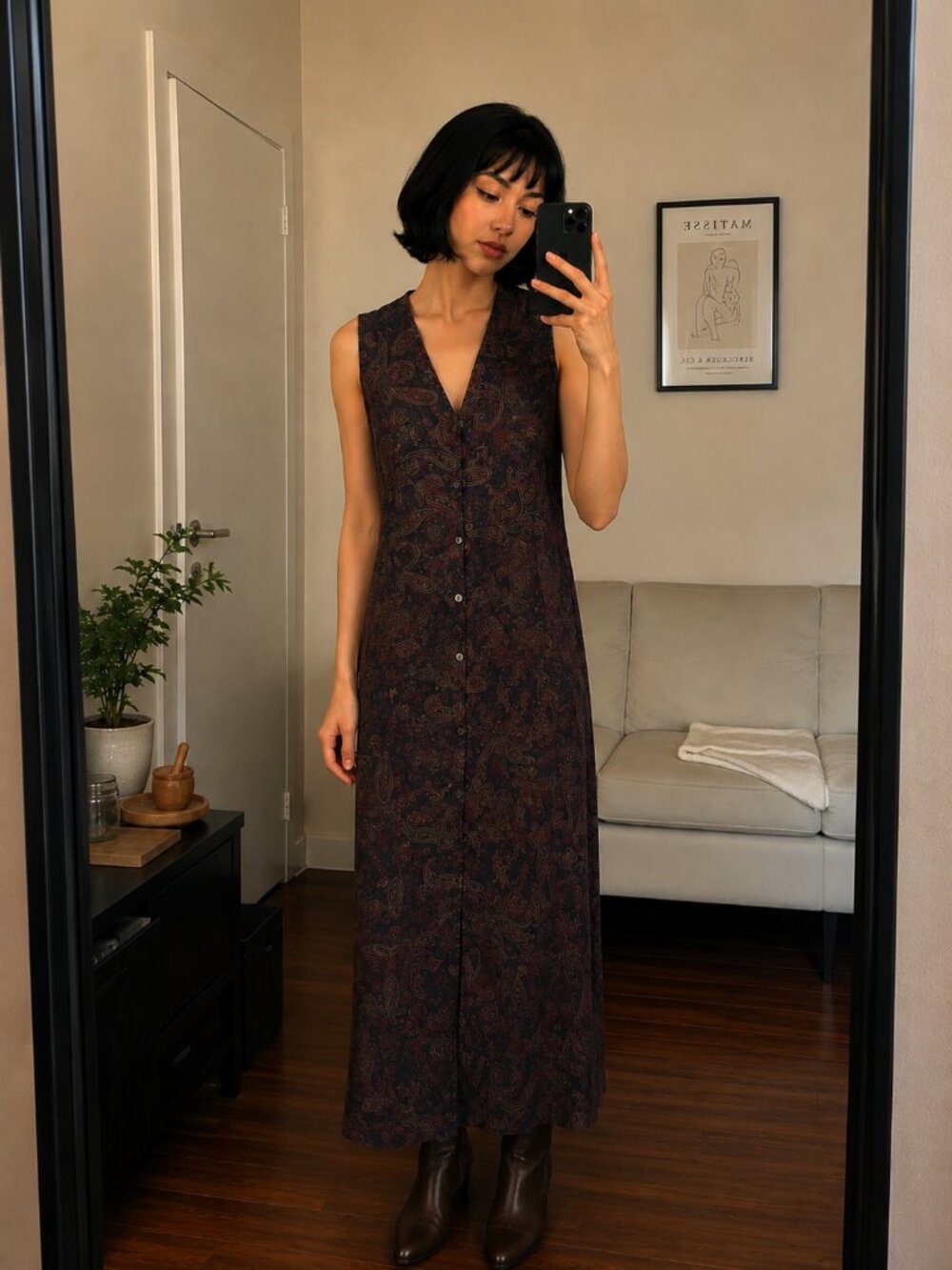 Breeches Sleeveless Paisley Button Down Maxi Dress in Dark Burgundy/Black Size 4